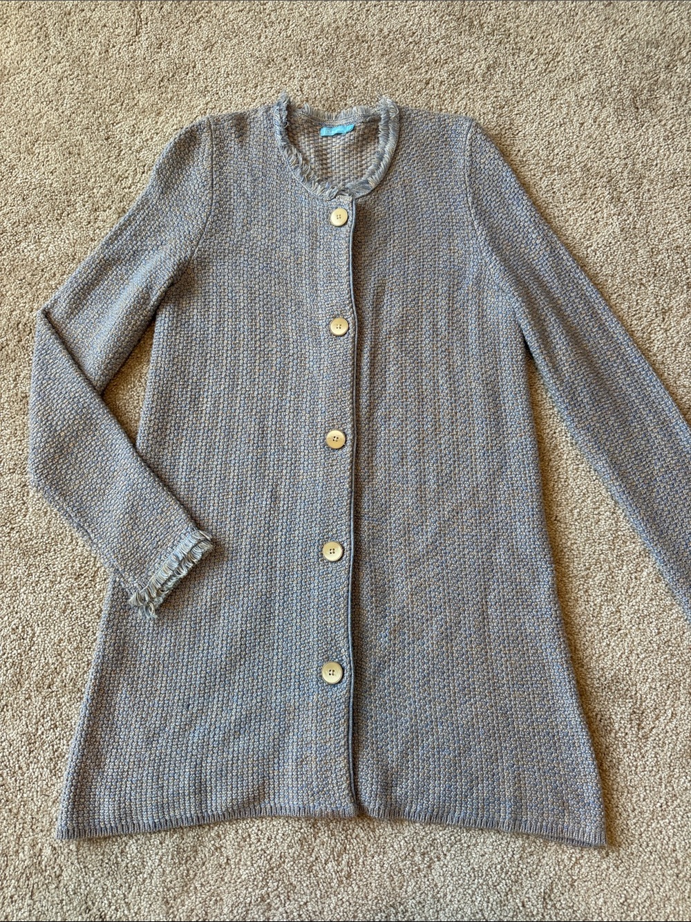 J. McLaughlin Blue Heather Nan Fringe Button Up Long Cardigan - Picture 2 of 8